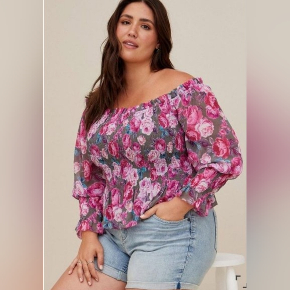 Torrid Floral Off-Shoulder Top - Pink and Black